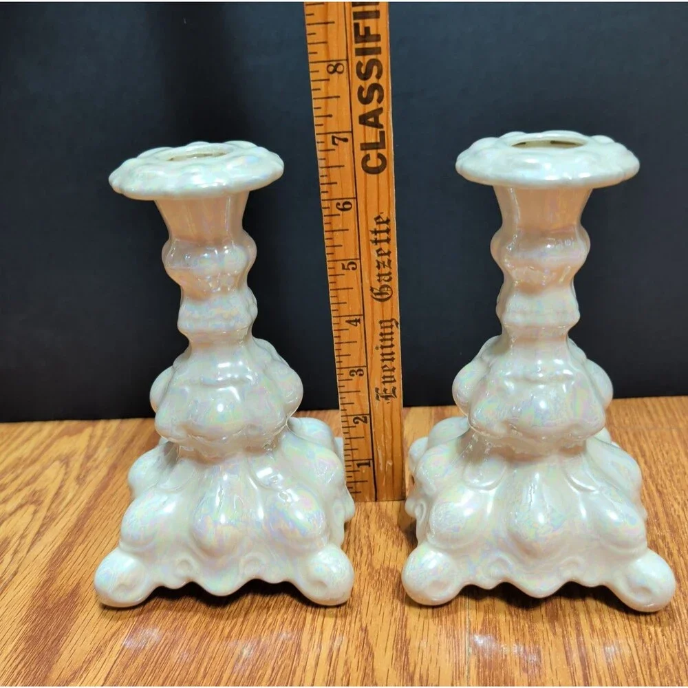 ​VTG White Opalescent Iridescent Glass Taper Candle Holders Set of 2 Baroque 7